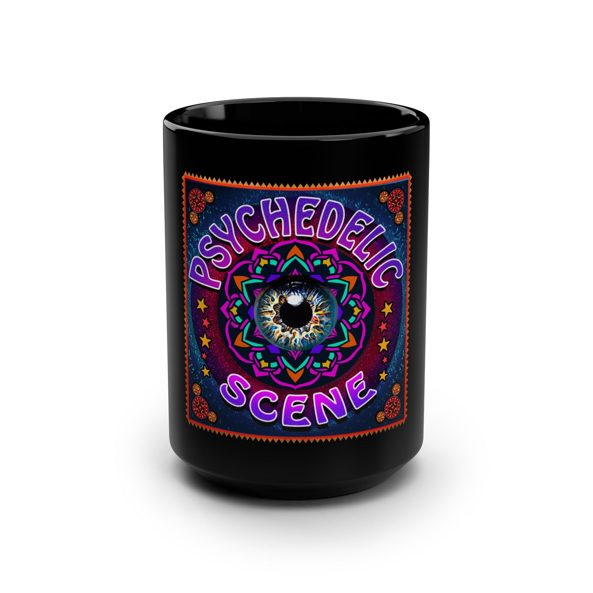 Psychedelic Scene 15oz Black Mug — Trippy Eye Mandala Coffee Cup
